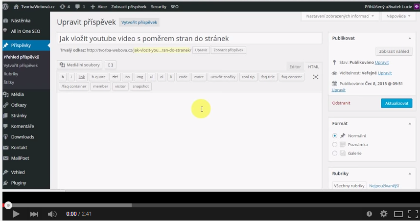 Jak vložit do WordPress stránek youtube video s vlastní šířkou a výškou Jak vložit do WordPress stránek youtube video s vlastní šířkou a výškou